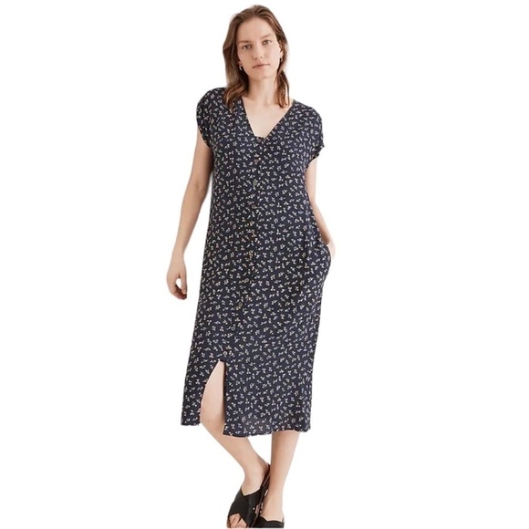 MADEWELL Easy Midi Dress in Spring Fling Women's Size Medium Blue Ditsy Floral - Picture 2 of 10
